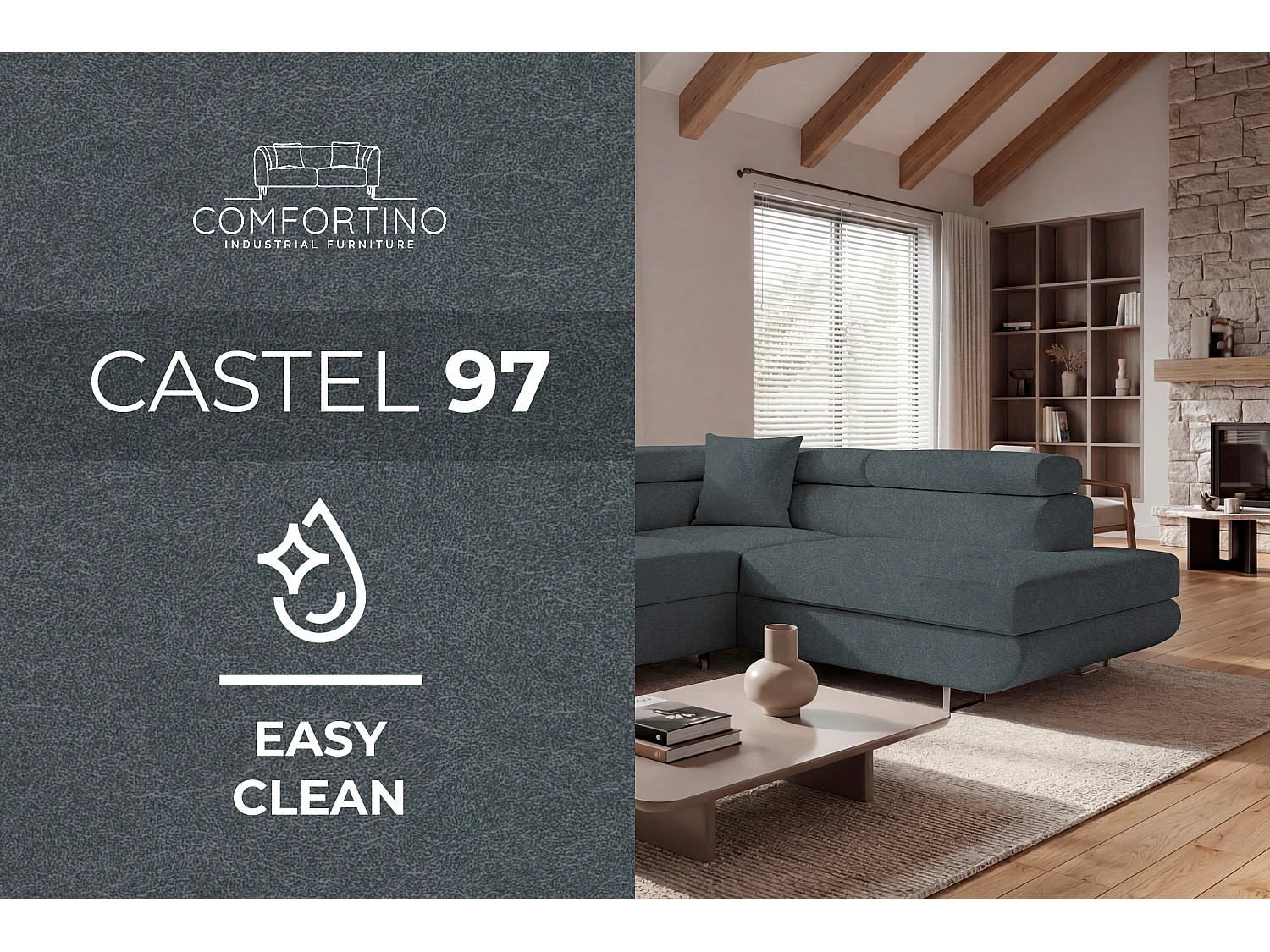 Canapé-lit Comfortino Furniture PASTI L-Form avec Rangement Tissu Velours Bleu Ardoise Style Moderne