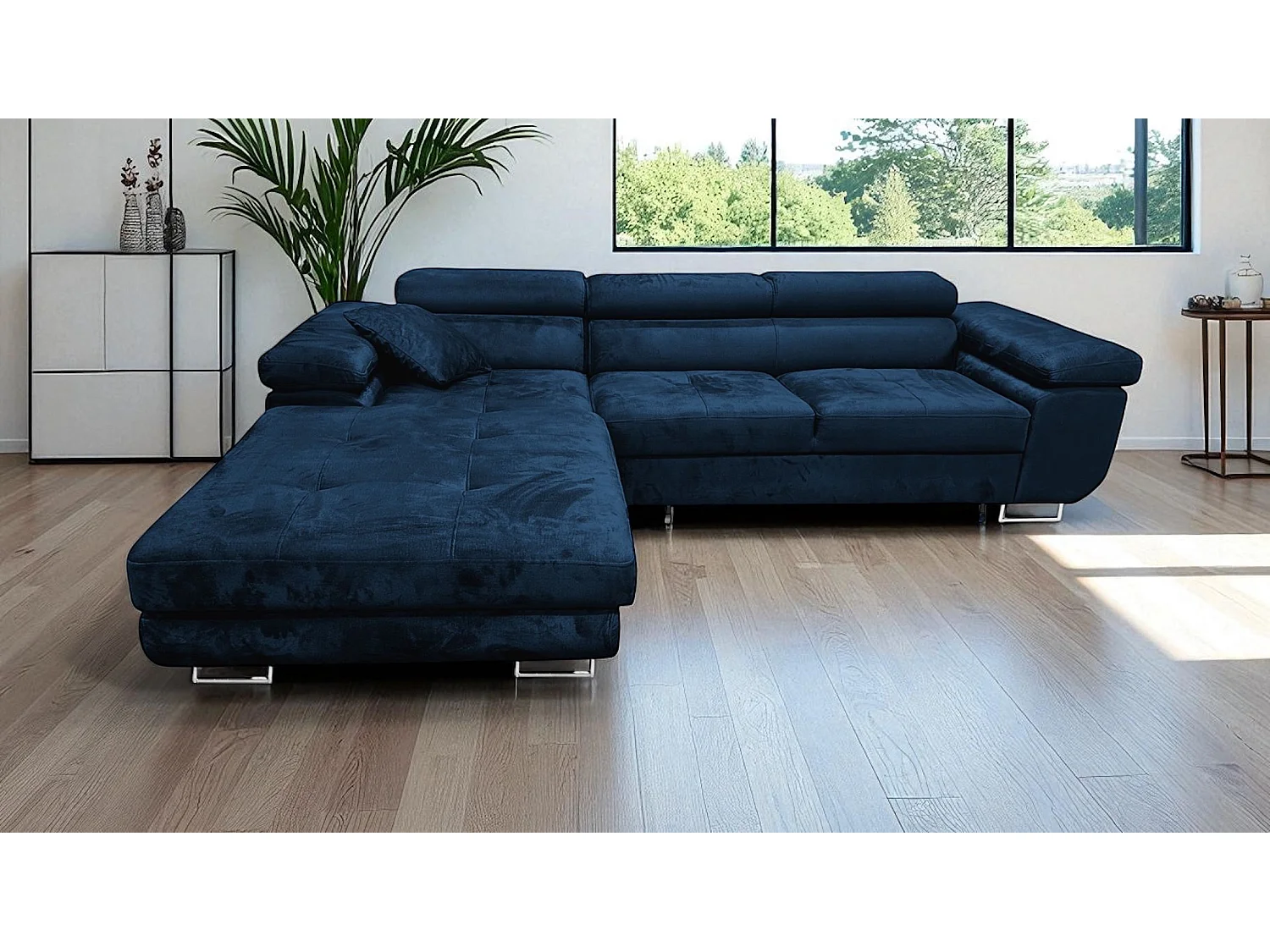 Comfortino Meubles Canapé-Lit d'Angle Rodrigo en Forme de L avec Rangement Velours Bleu 3 Places Design Moderne
