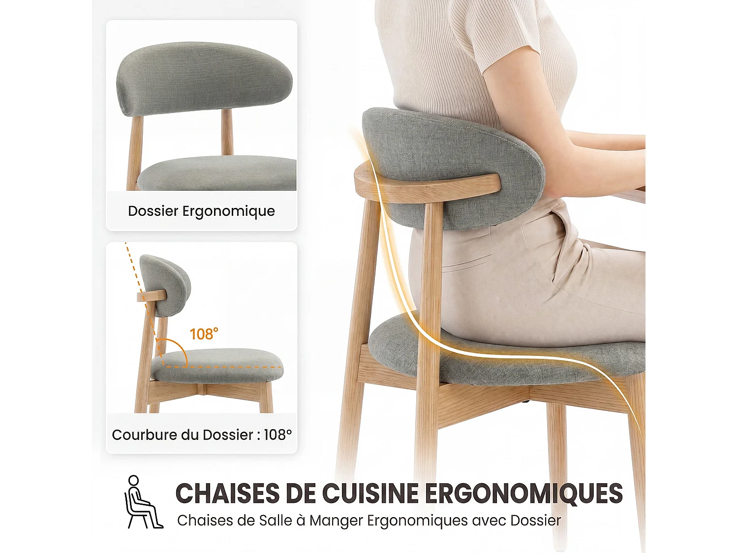 Lot de 2 chaises de salle à manger en bois massif, robustes et élégantes, pieds en bois naturel, vert