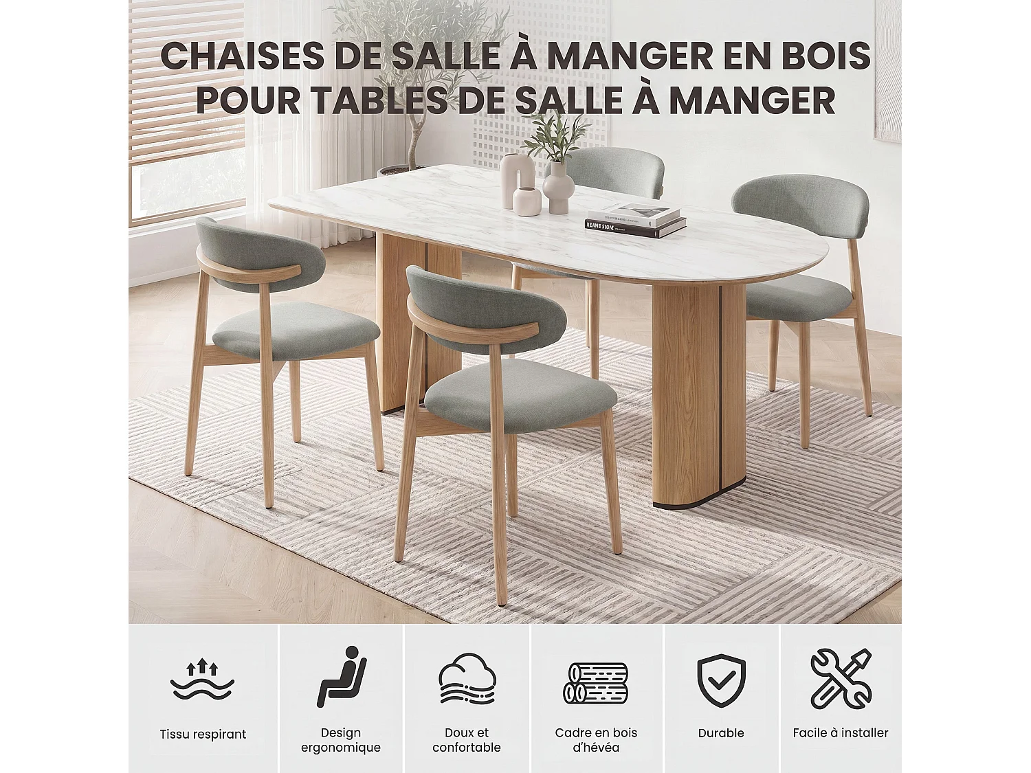 Lot de 2 chaises de salle à manger en bois massif, robustes et élégantes, pieds en bois naturel, vert