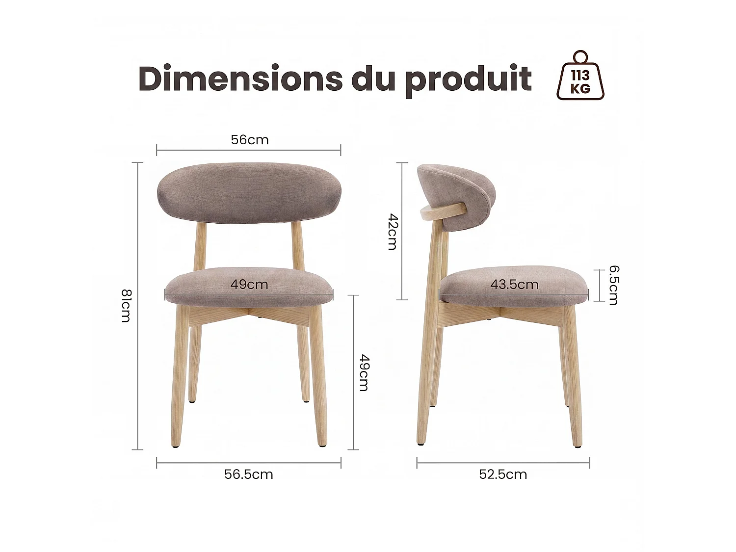 Lot de 2 chaises de salle à manger en bois massif, robustes et élégantes, pieds en bois naturel, marron