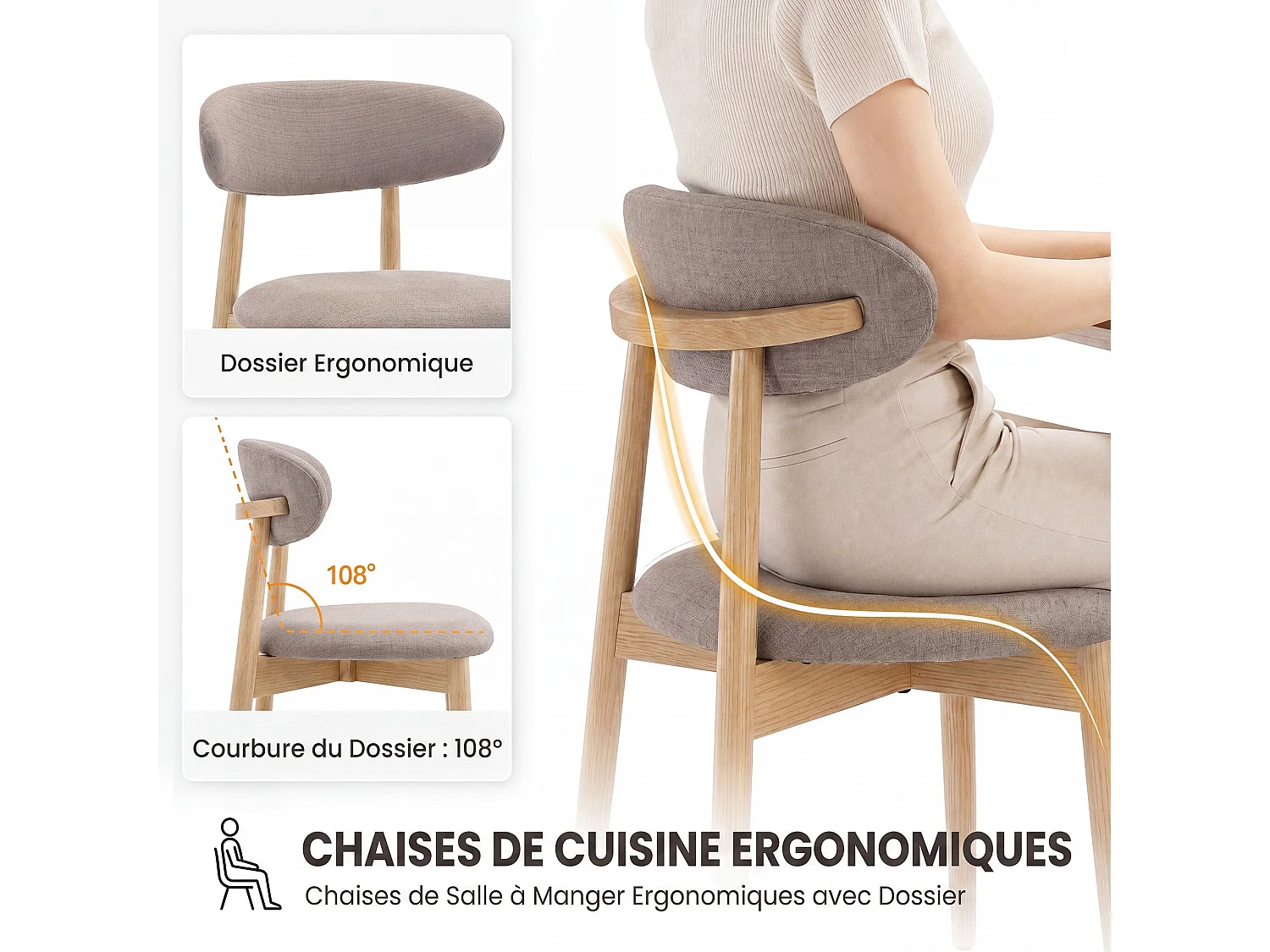 2er-Set Esszimmerstühle aus Massivholz, robust und elegant, Beine aus Naturholz, Braun