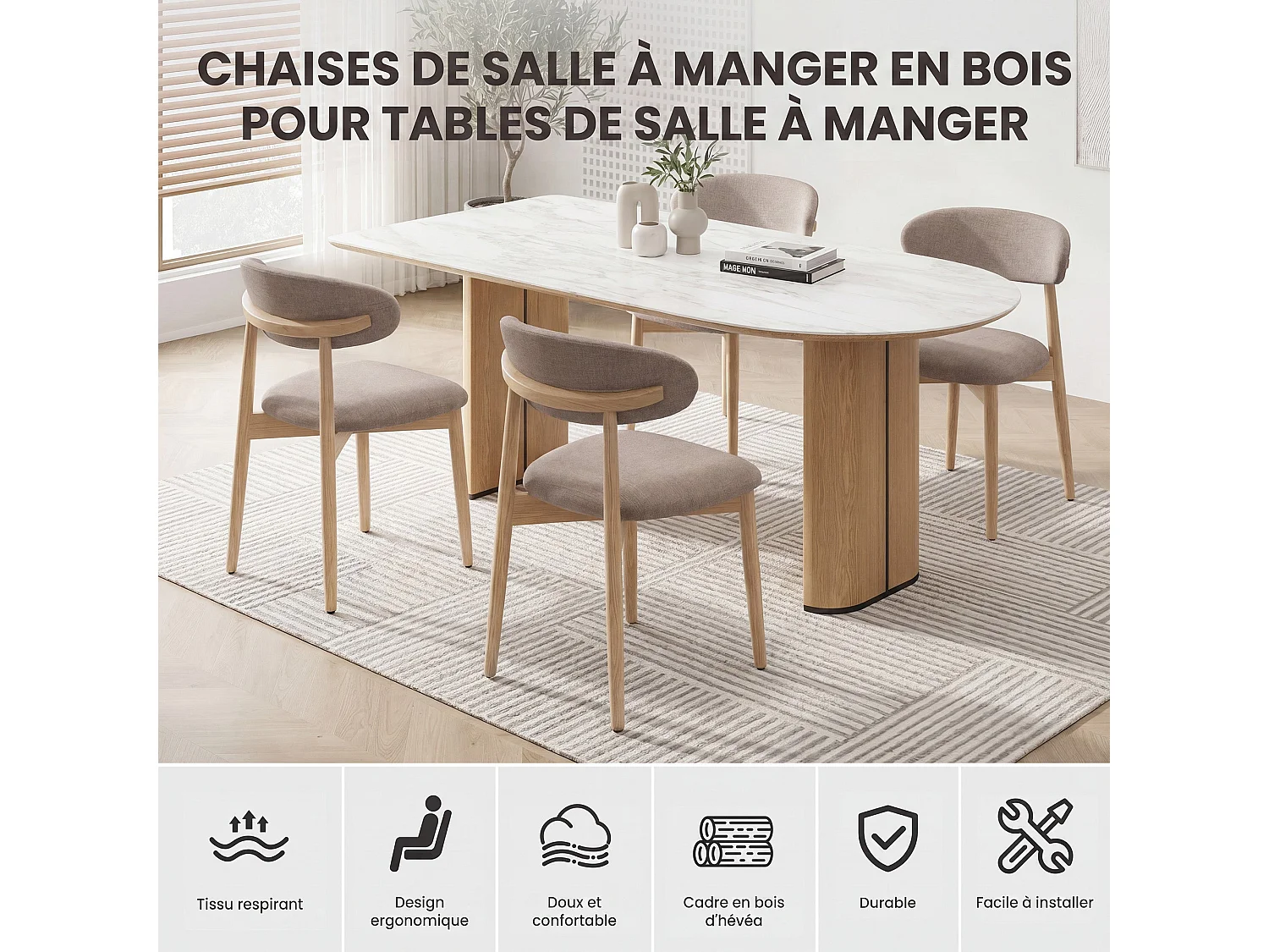 Lot de 2 chaises de salle à manger en bois massif, robustes et élégantes, pieds en bois naturel, marron