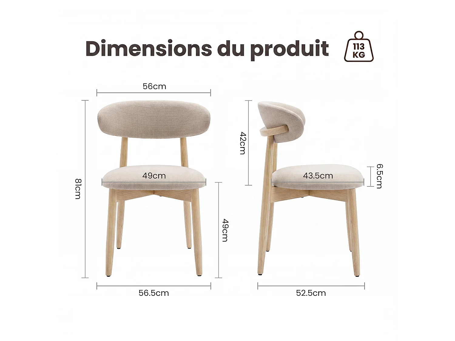 Lot de 2 chaises de salle à manger en bois massif, robustes et élégantes, pieds en bois naturel, beige
