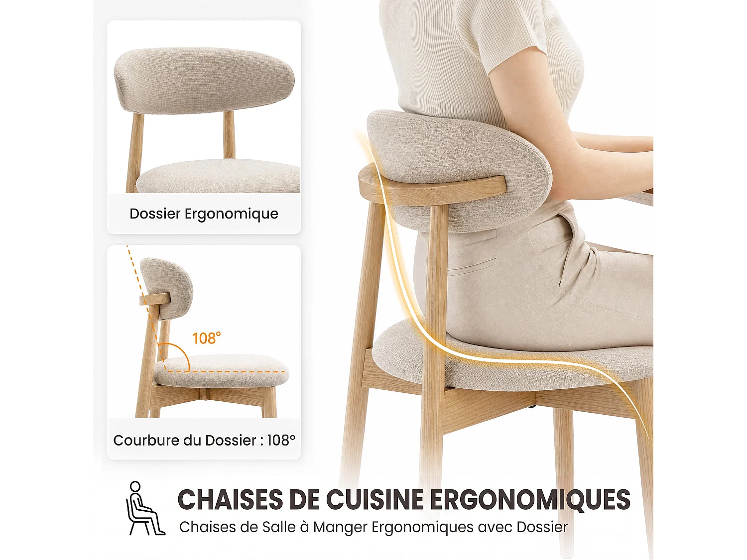 Set di 2 sedie da pranzo in legno massello, robuste ed eleganti, gambe in legno naturale, beige
