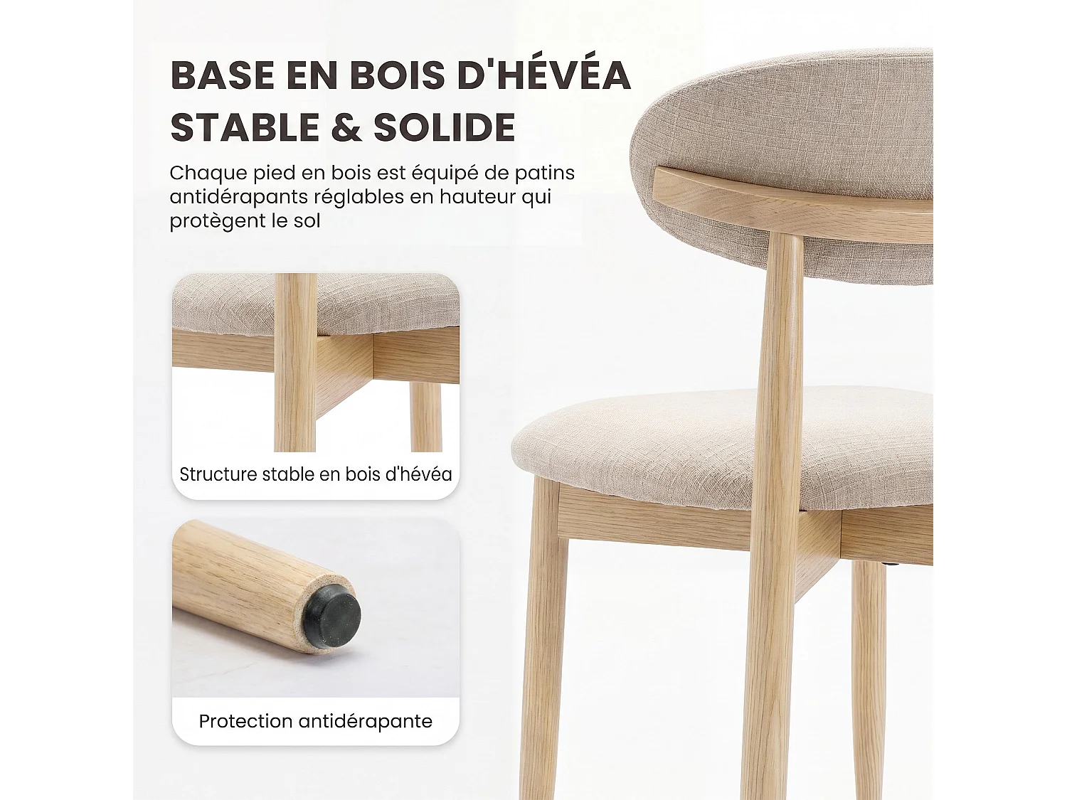 Set di 2 sedie da pranzo in legno massello, robuste ed eleganti, gambe in legno naturale, beige