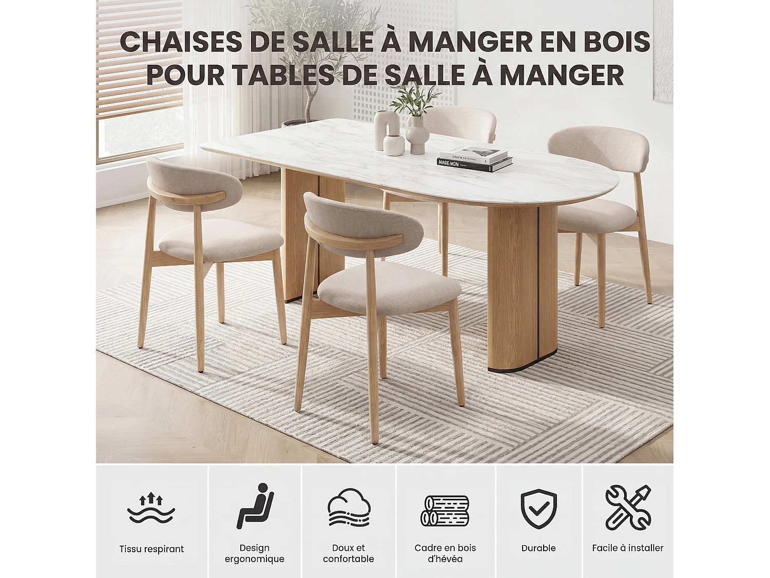 Set di 2 sedie da pranzo in legno massello, robuste ed eleganti, gambe in legno naturale, beige