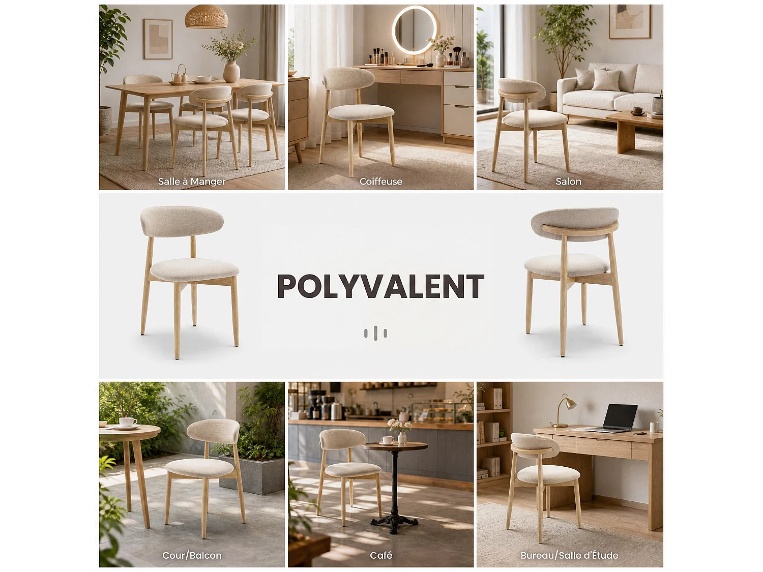 Set di 2 sedie da pranzo in legno massello, robuste ed eleganti, gambe in legno naturale, beige