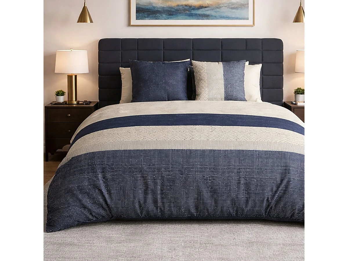 Parure housse de couette 260x240cm + 2 taies motif graphique bleu et blanc 100% coton - DORINE