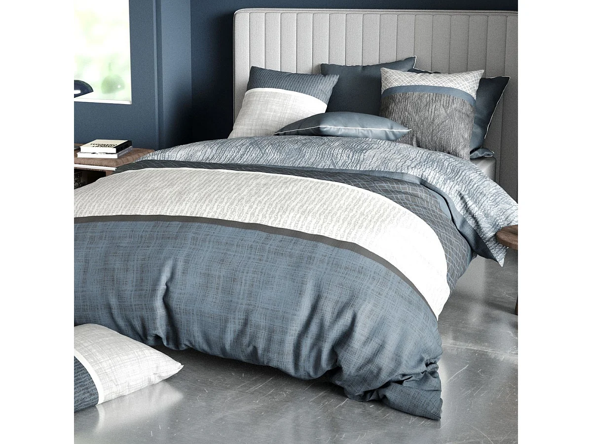 Parure housse de couette 260x240cm + 2 taies motif graphique bleu et gris 100% coton - ENEZIA