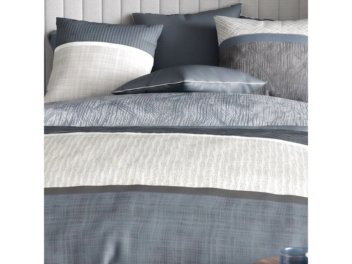Parure housse de couette 260x240cm + 2 taies motif graphique bleu et gris 100% coton - ENEZIA