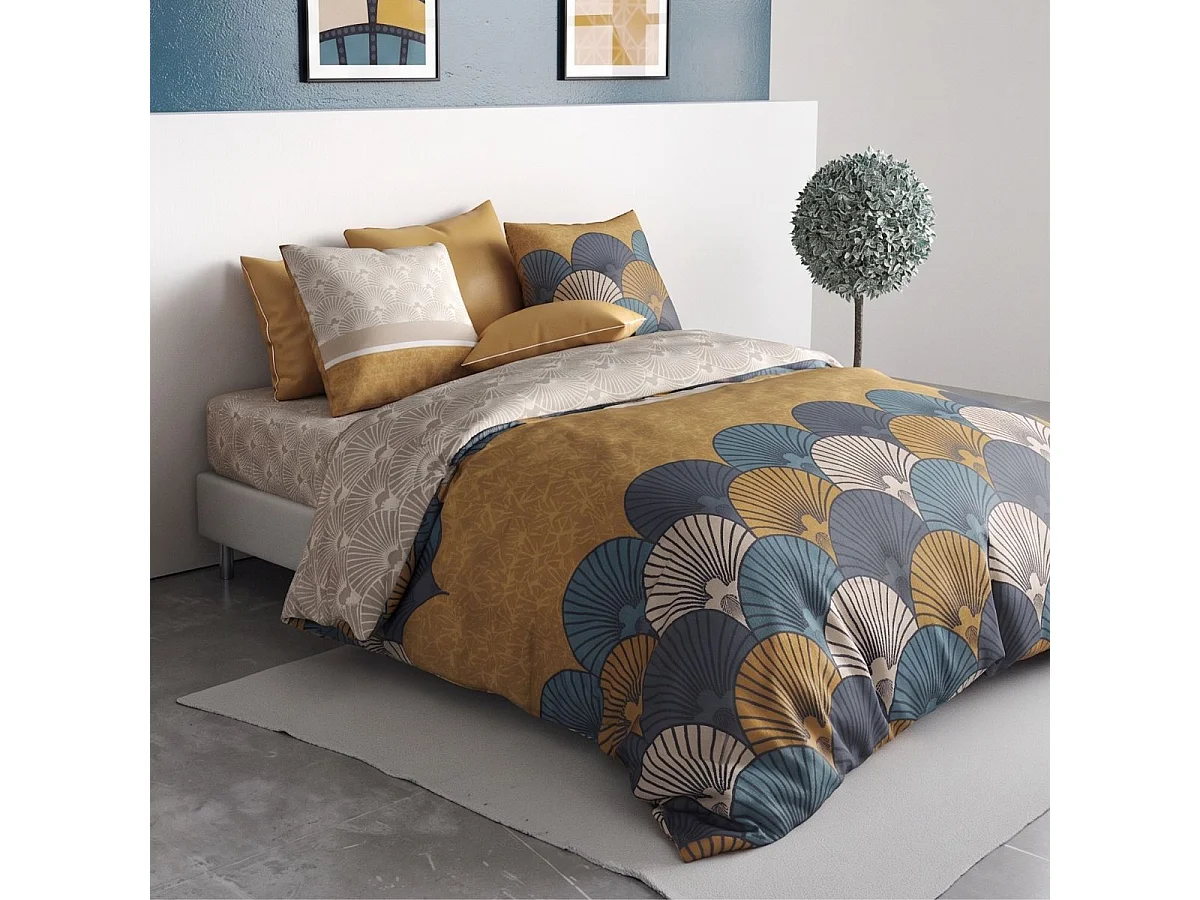 Parure housse de couette 240x220cm + 2 taies motif rétro bleu et jaune 100% coton - MANDY