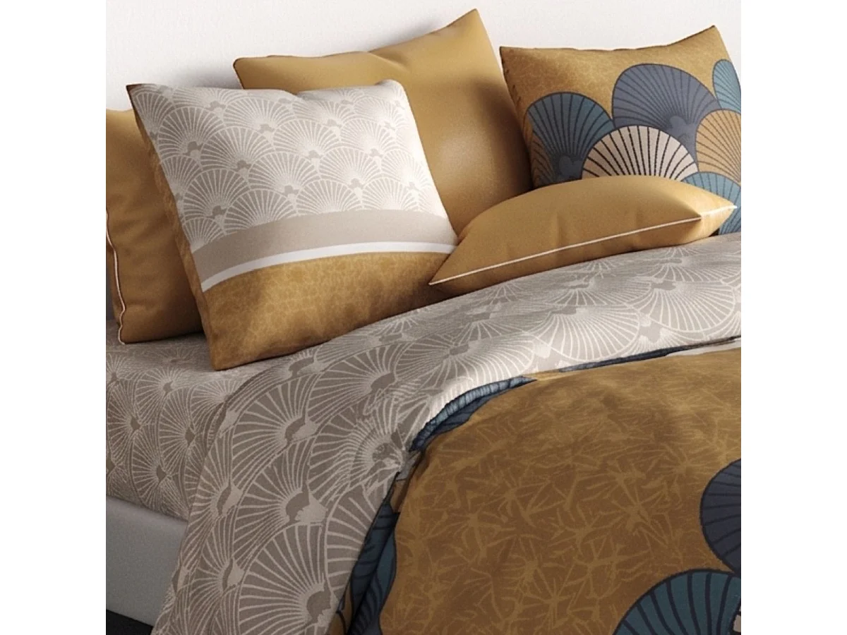 Parure housse de couette 240x220cm + 2 taies motif rétro bleu et jaune 100% coton - MANDY
