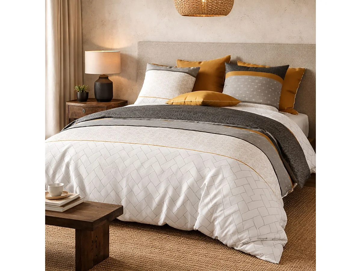 Parure housse de couette 260x240cm + 2 taies motif graphique blanc et gris 100% coton - LUNELLE