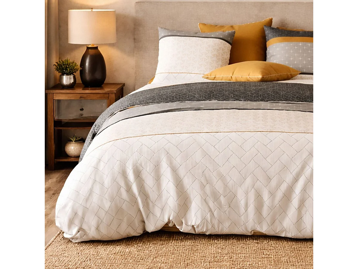 Parure housse de couette 260x240cm + 2 taies motif graphique blanc et gris 100% coton - LUNELLE