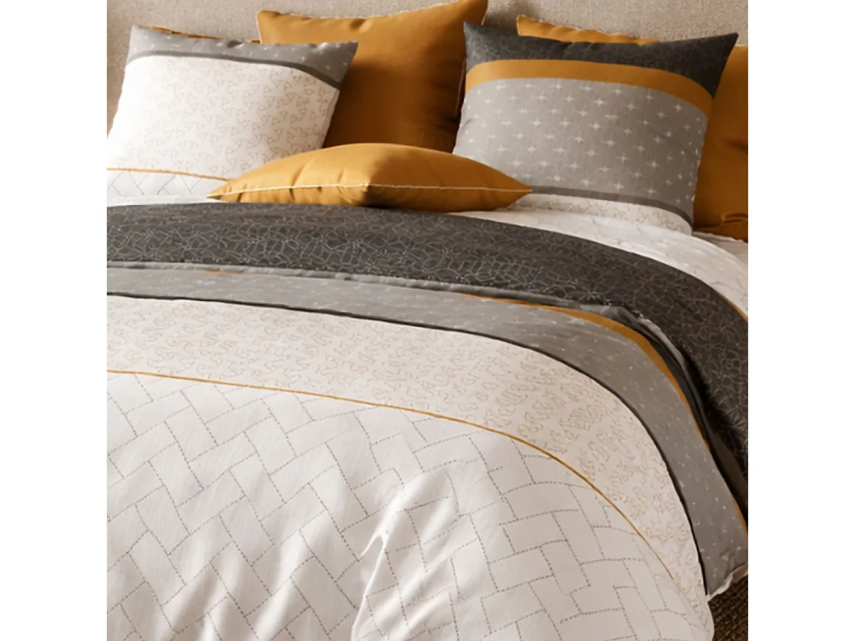 Parure housse de couette 260x240cm + 2 taies motif graphique blanc et gris 100% coton - LUNELLE