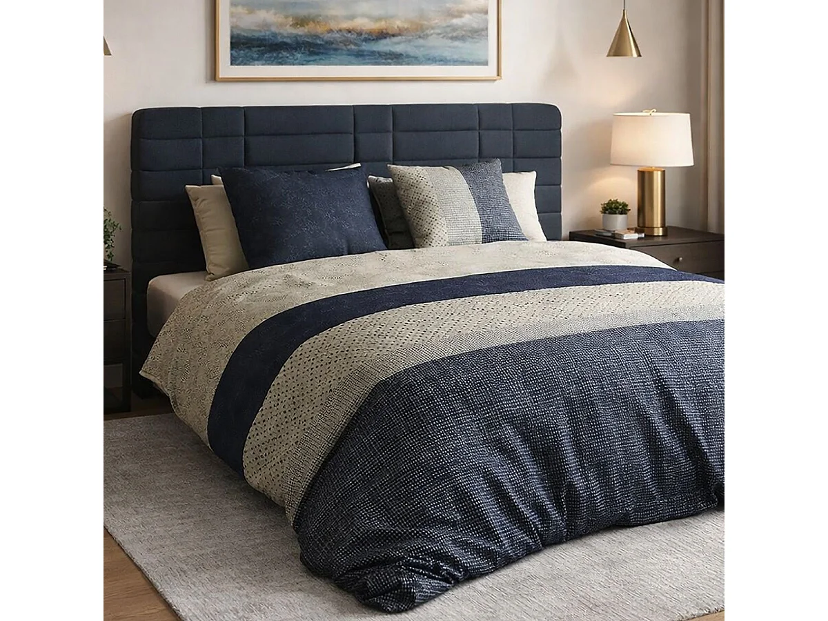Parure housse de couette 240x220cm + 2 taies motif graphique bleu et blanc 100% coton - DORINE