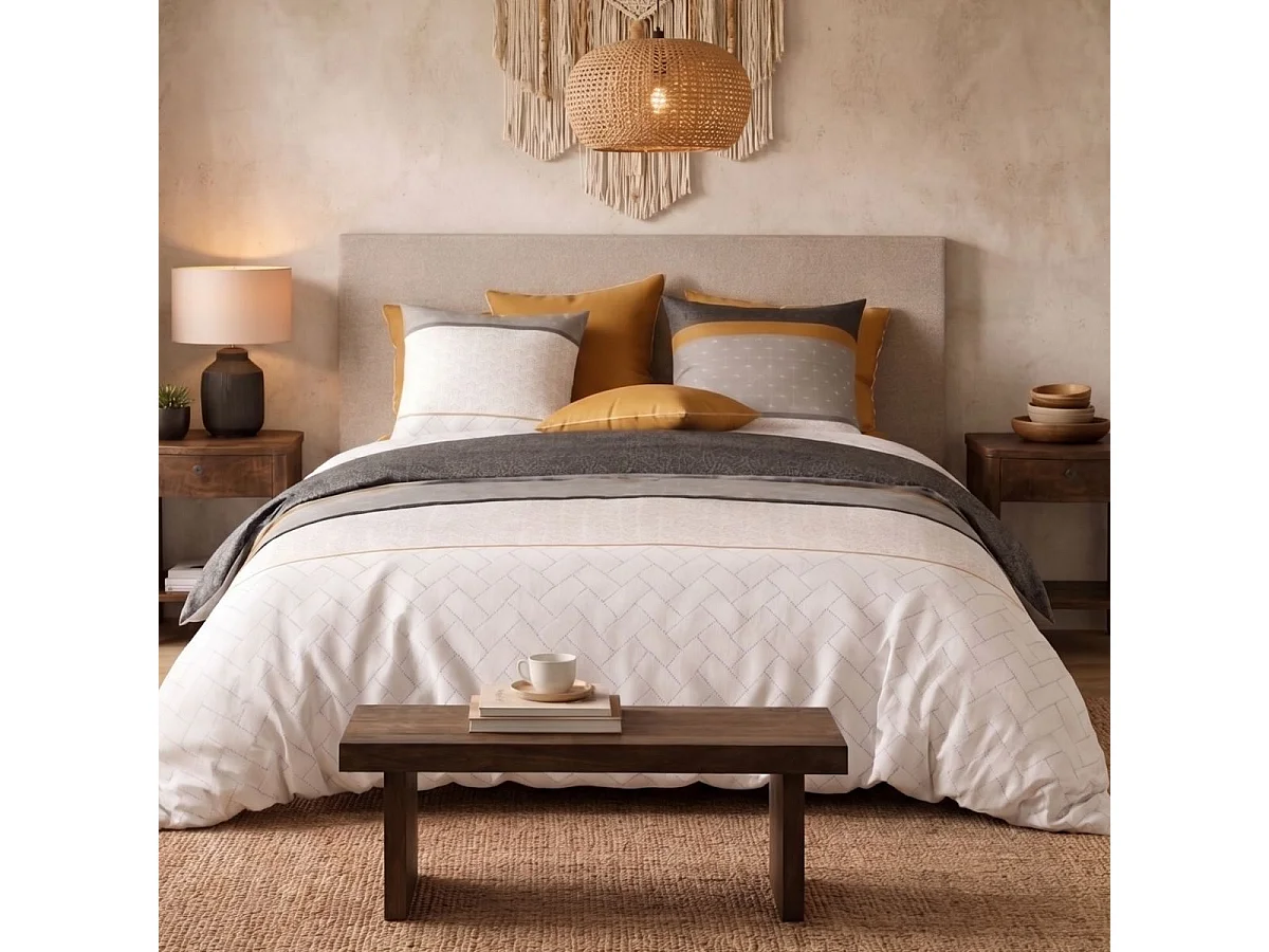 Parure housse de couette 240x220cm + 2 taies motif graphique blanc et gris 100% coton - LUNELLE