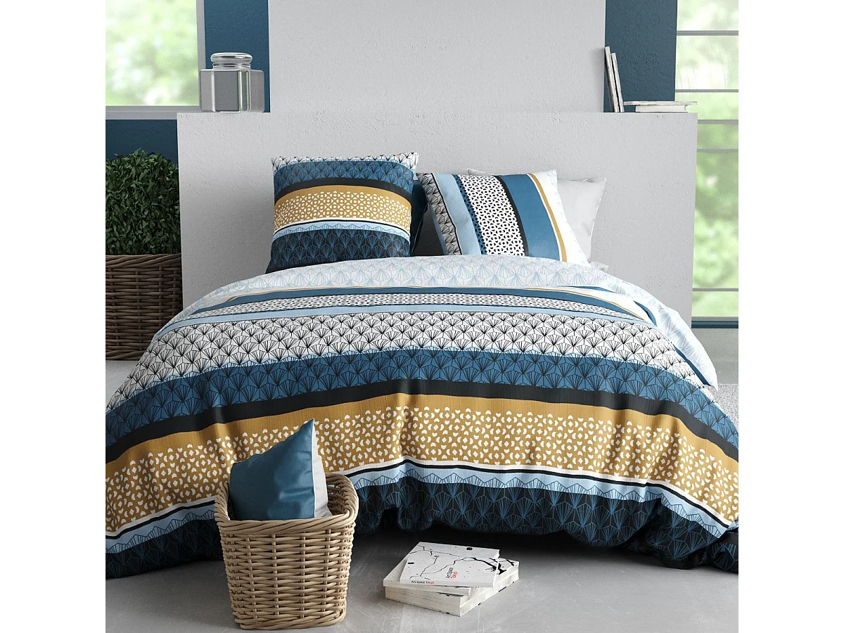Parure housse de couette 260x240cm + 2 taies motif rétro bleu et jaune 100% coton - OSYRIS