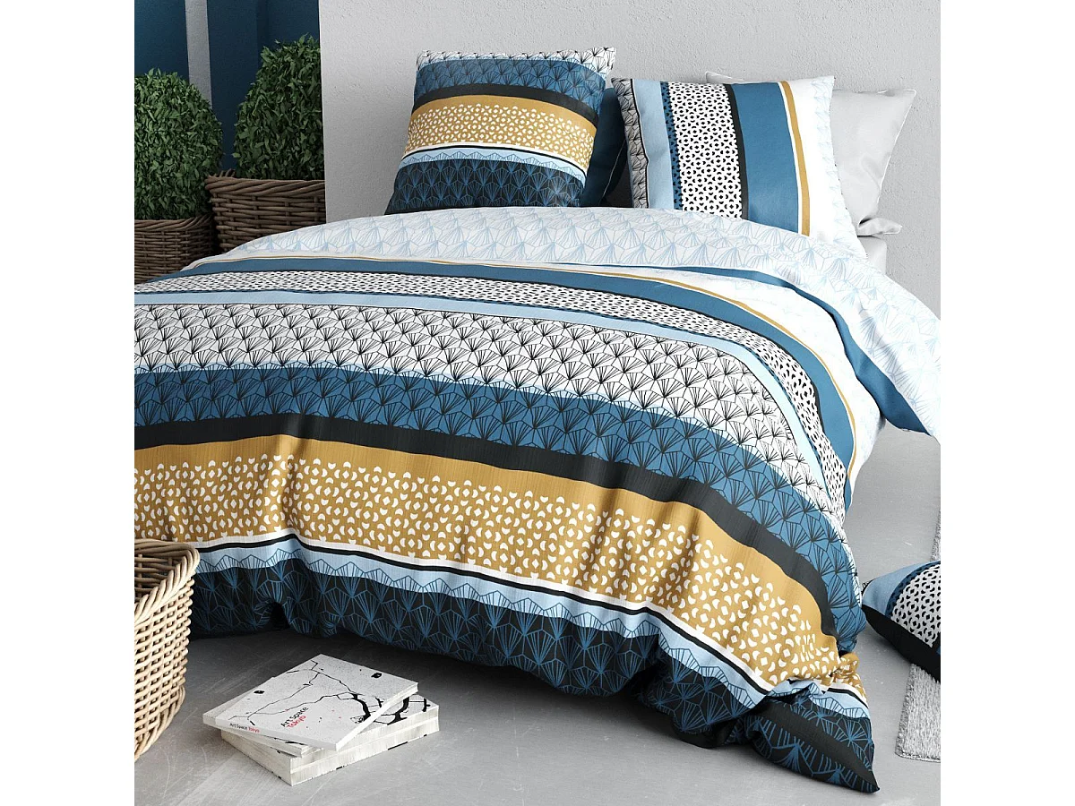 Parure housse de couette 260x240cm + 2 taies motif rétro bleu et jaune 100% coton - OSYRIS