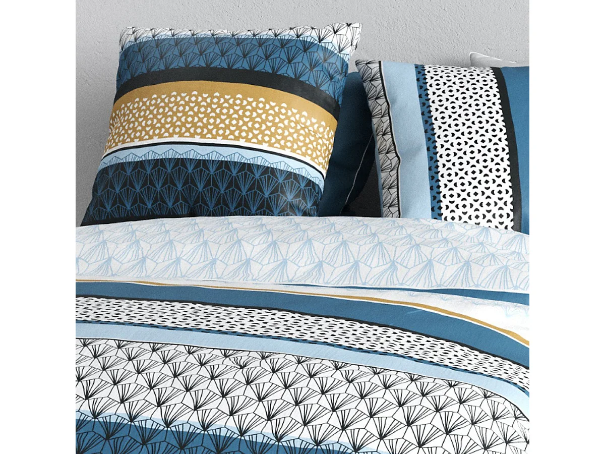 Parure housse de couette 260x240cm + 2 taies motif rétro bleu et jaune 100% coton - OSYRIS