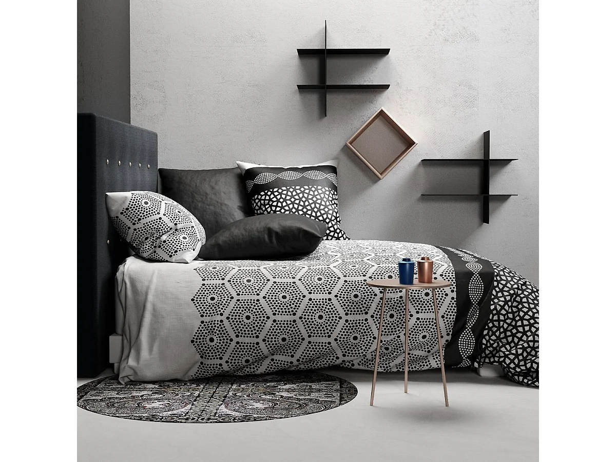 Parure housse de couette 240x220cm + 2 taies motif graphique gris perle et noir 100% coton - NAZIM