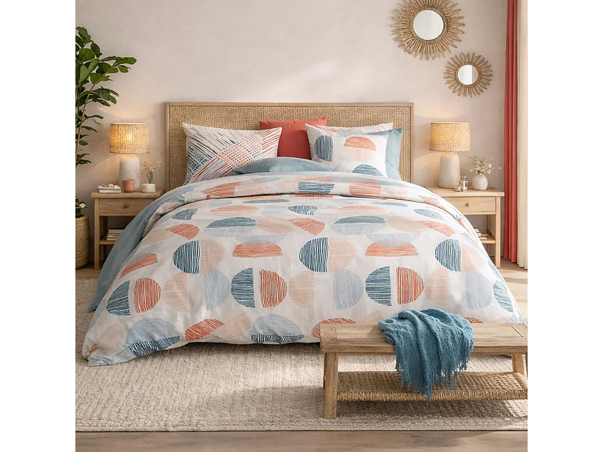 Parure housse de couette 240x220cm + 2 taies motif graphique bleu et rouge 100% coton - ARLY