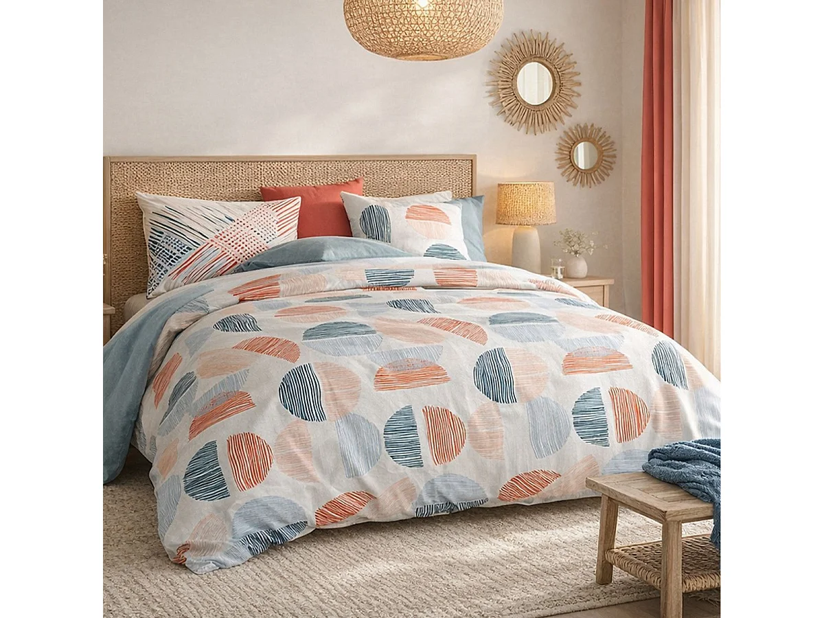 Parure housse de couette 240x220cm + 2 taies motif graphique bleu et rouge 100% coton - ARLY
