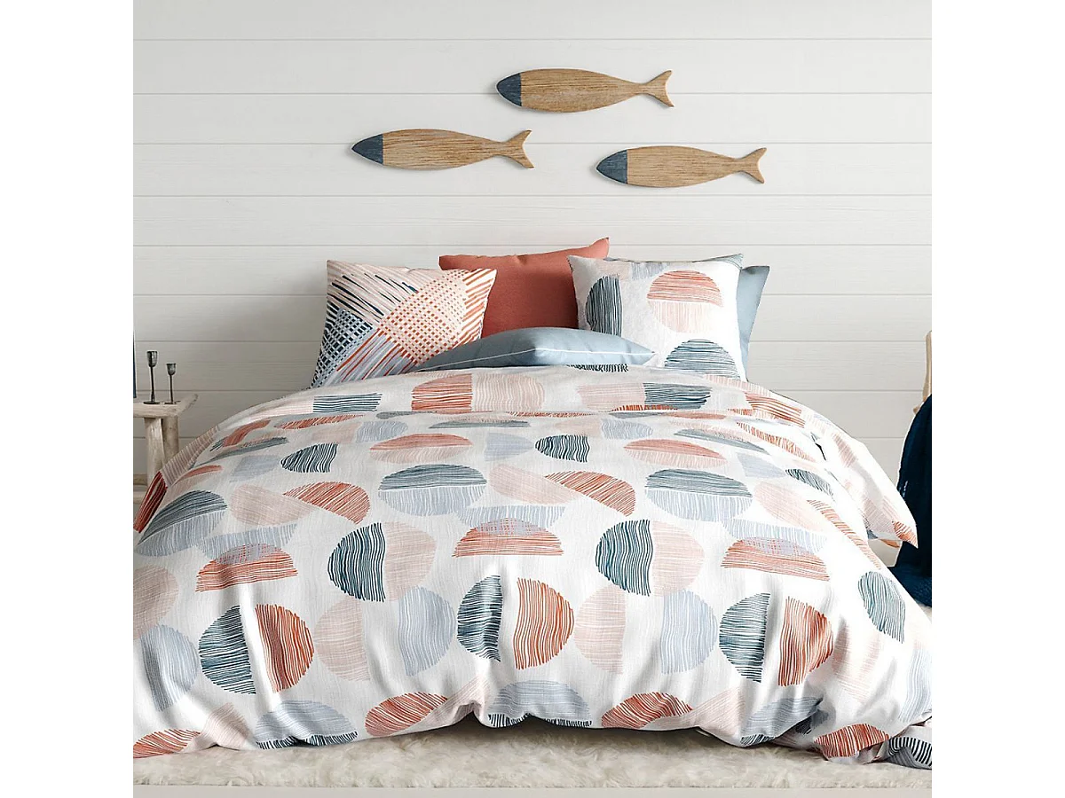 Parure housse de couette 240x220cm + 2 taies motif graphique bleu et rouge 100% coton - ARLY