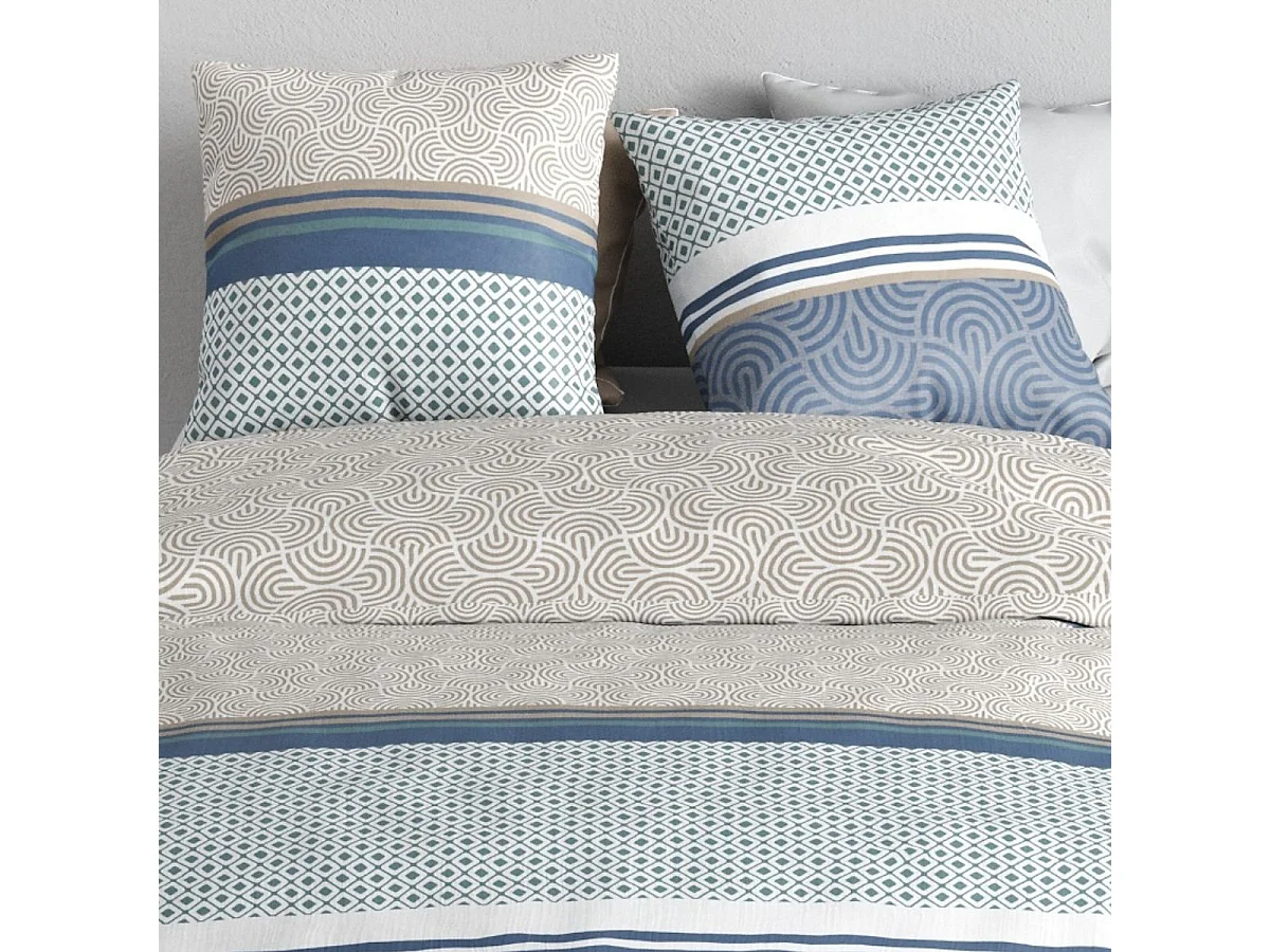 Parure housse de couette 260x240cm + 2 taies motif graphique bleu et taupe 100% coton - SOLIA