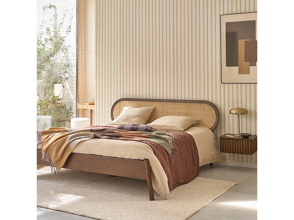 Cama de madera de mindi y mimbre de 180 cm con somier