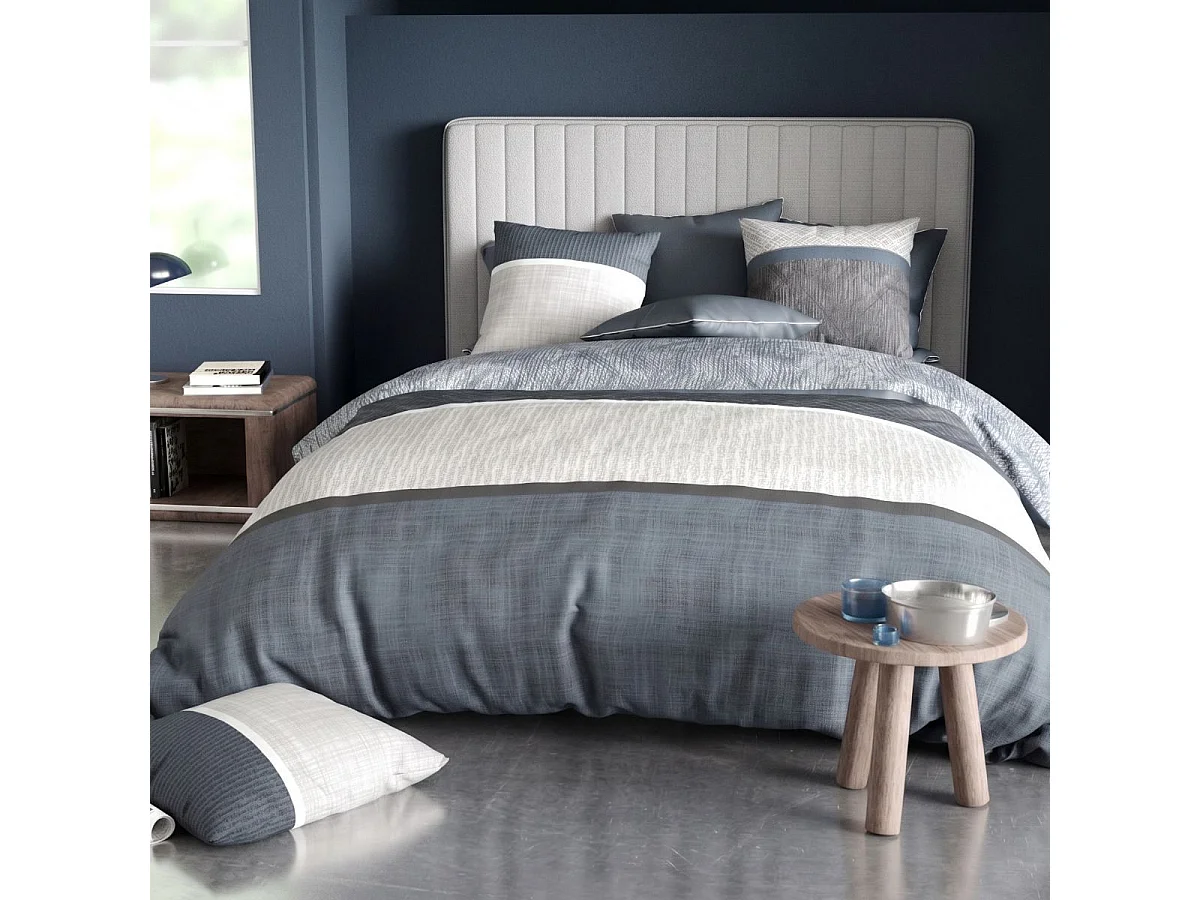 Parure housse de couette 240x220cm + 2 taies motif graphique bleu et gris 100% coton - ENEZIA