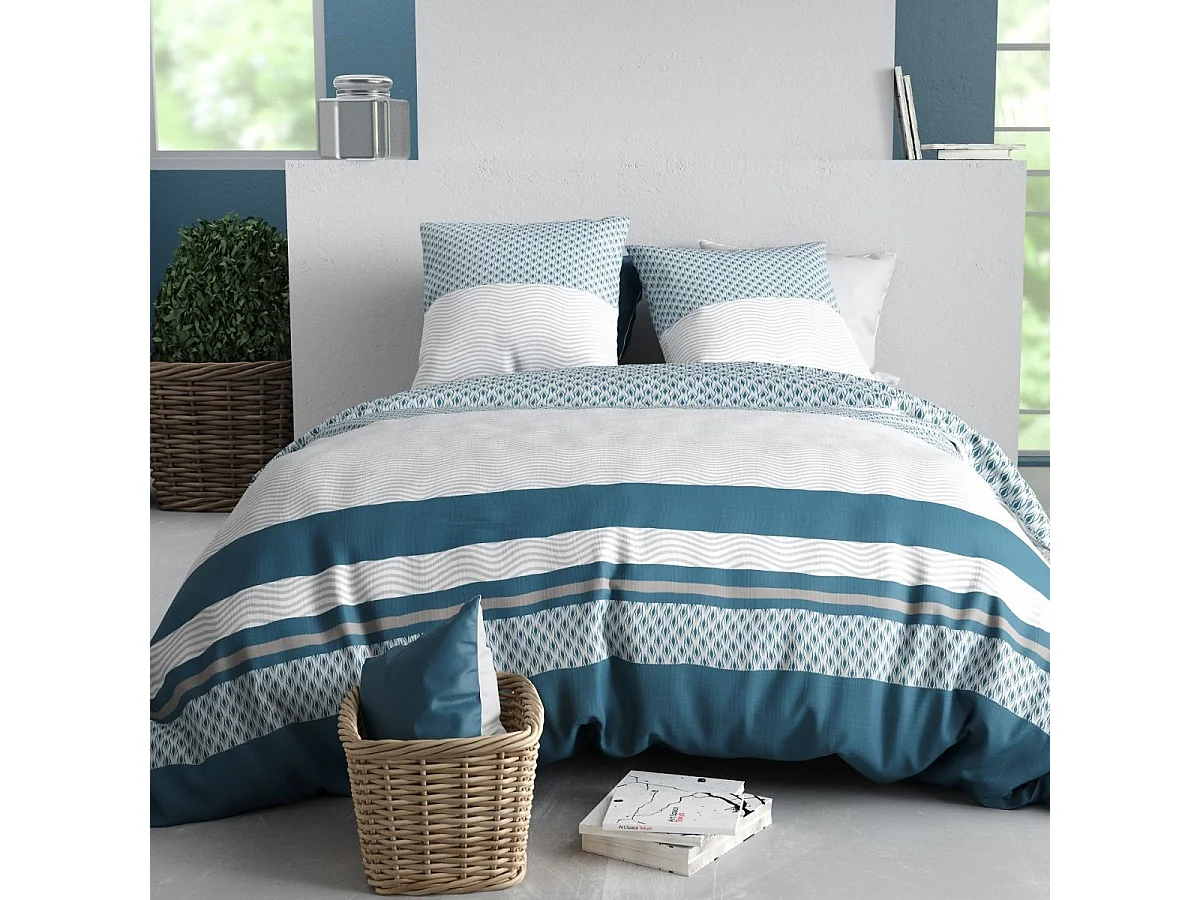 Parure housse de couette 260x240cm + 2 taies motif géométrique bleu et gris 100% coton - CHERINE