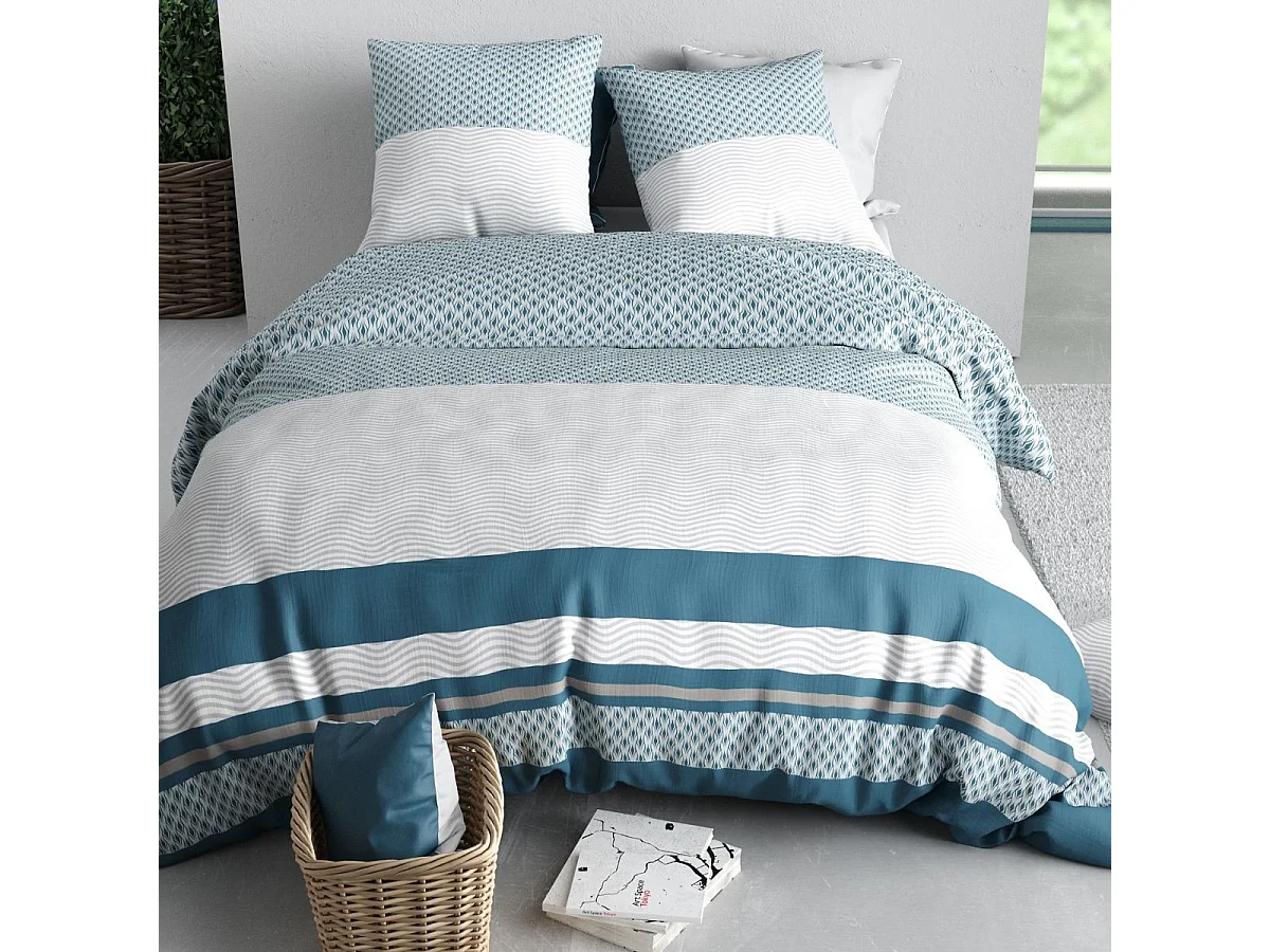 Parure housse de couette 240x220cm + 2 taies motif géométrique bleu et gris 100% coton - CHERINE