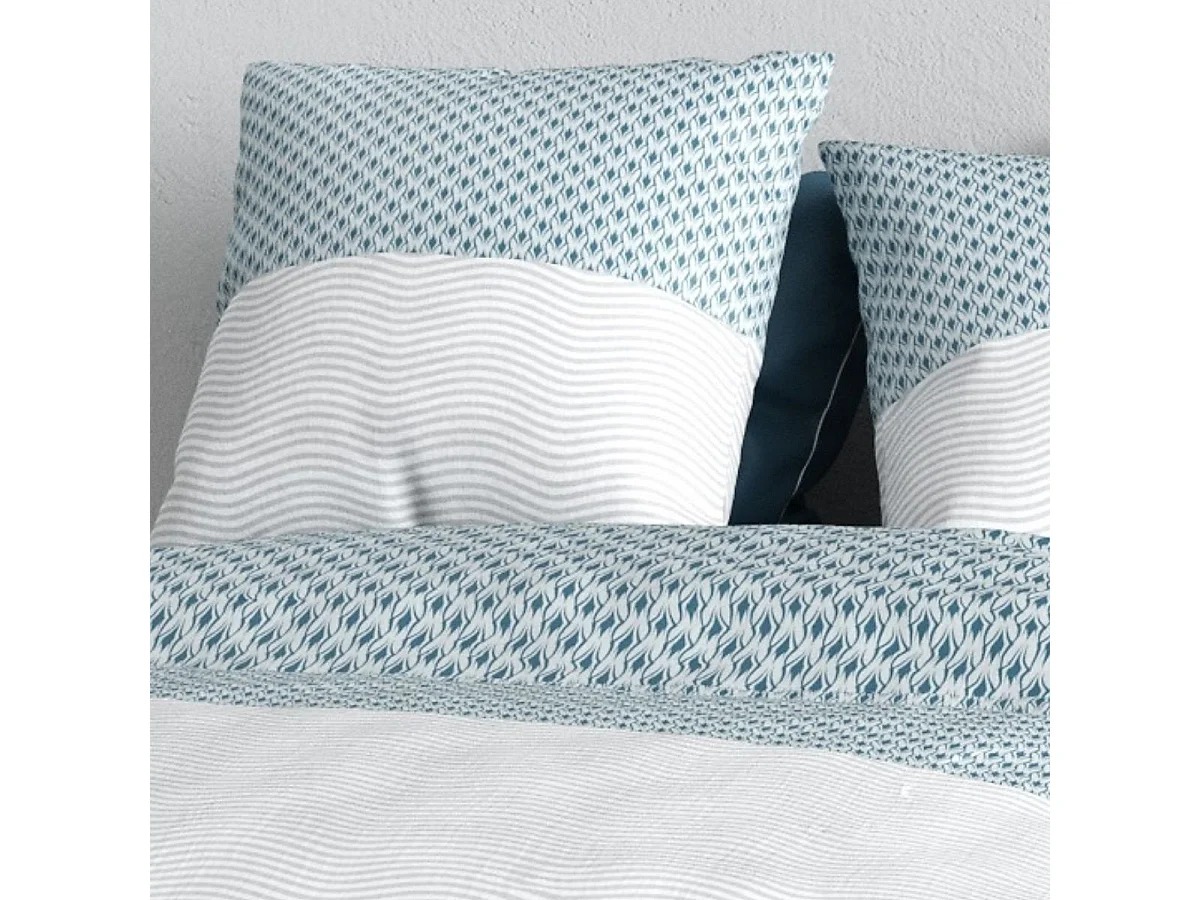 Parure housse de couette 240x220cm + 2 taies motif géométrique bleu et gris 100% coton - CHERINE