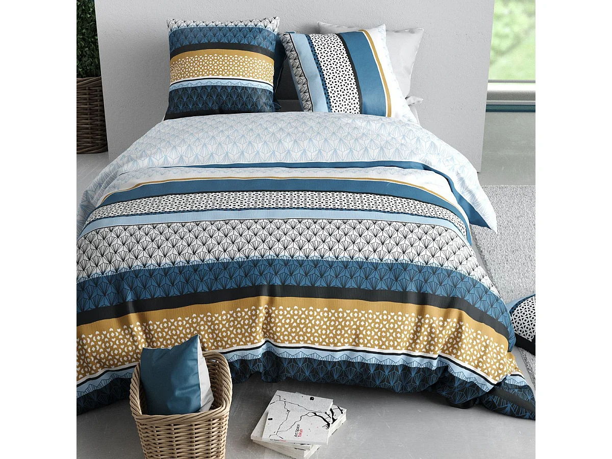 Parure housse de couette 240x220cm + 2 taies motif rétro bleu et jaune 100% coton - OSYRIS