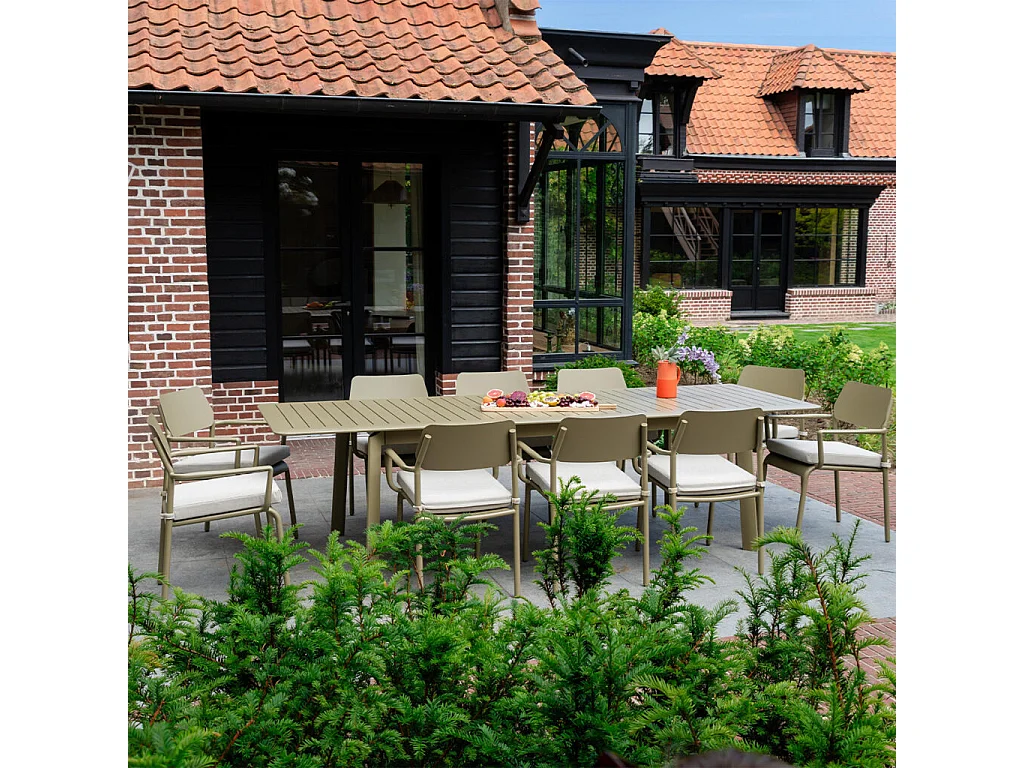 Ensemble de jardin extensible 6/10p en aluminium Kaki clair 8 fauteuils et coussin Beige chiné HAVANA