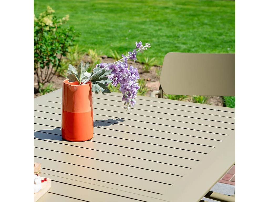 Ensemble de jardin extensible 6/10p en aluminium Kaki clair 8 fauteuils et coussin Beige chiné HAVANA