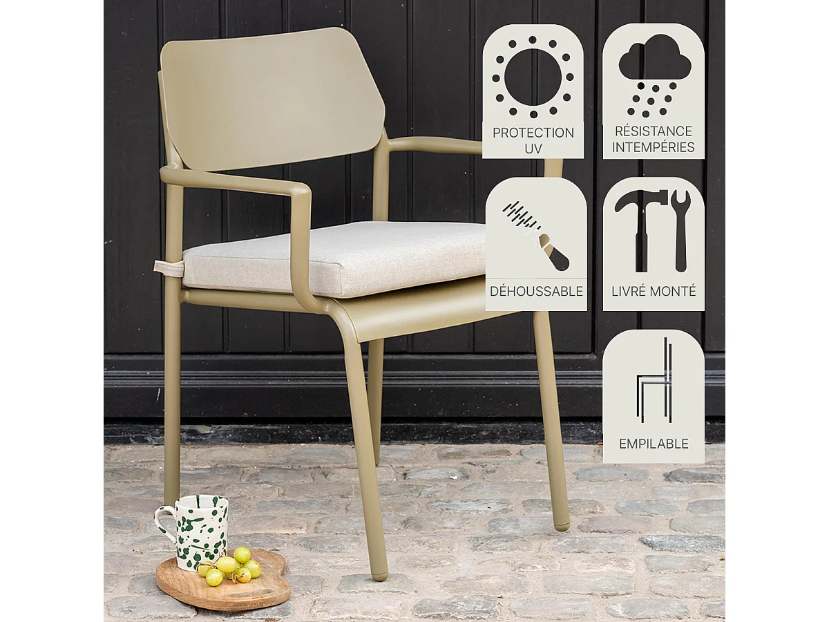 Lot de 2 fauteuils de jardin en aluminium Kaki clair avec coussins Beige chiné HAVANA