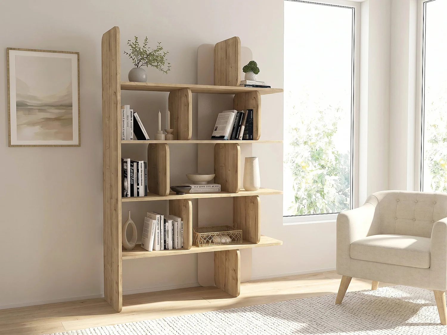 Etagère murale avec 4 tablettes - Naturel clair et Beige - MINALVA