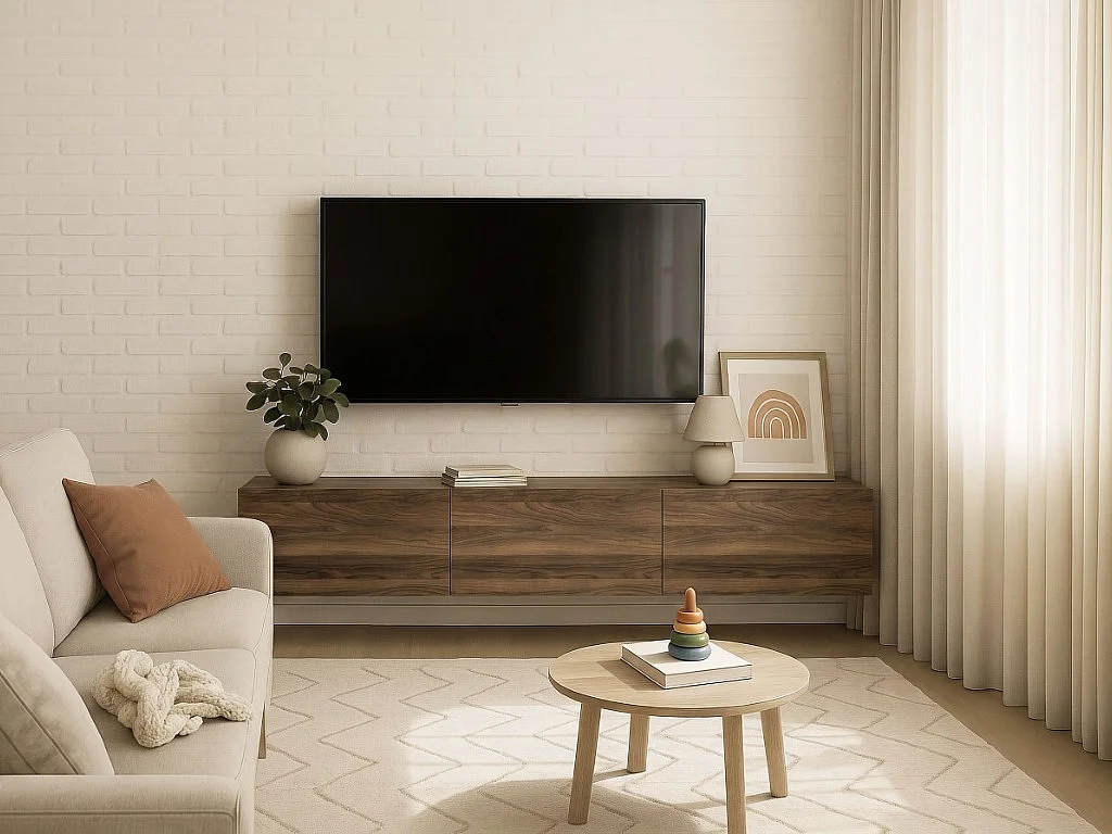 Meuble TV suspendu avec 3 portes - Naturel foncé - VIKILA