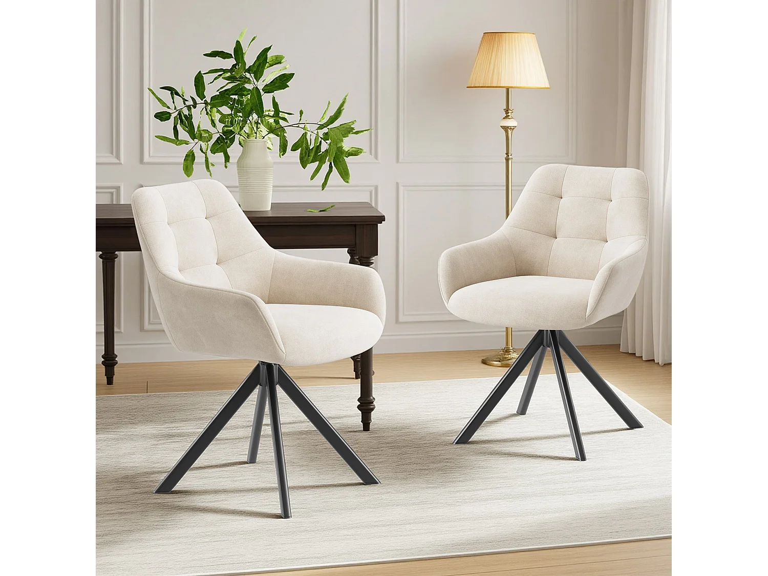 Lot de 2 chaises de salle à manger pivotantes 360° | Demi-accoudoirs, base métallique, beige