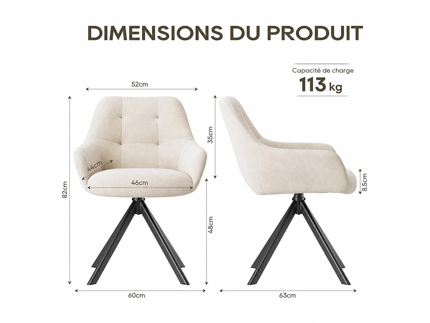 Lot de 2 chaises de salle à manger pivotantes 360° | Demi-accoudoirs, base métallique, beige