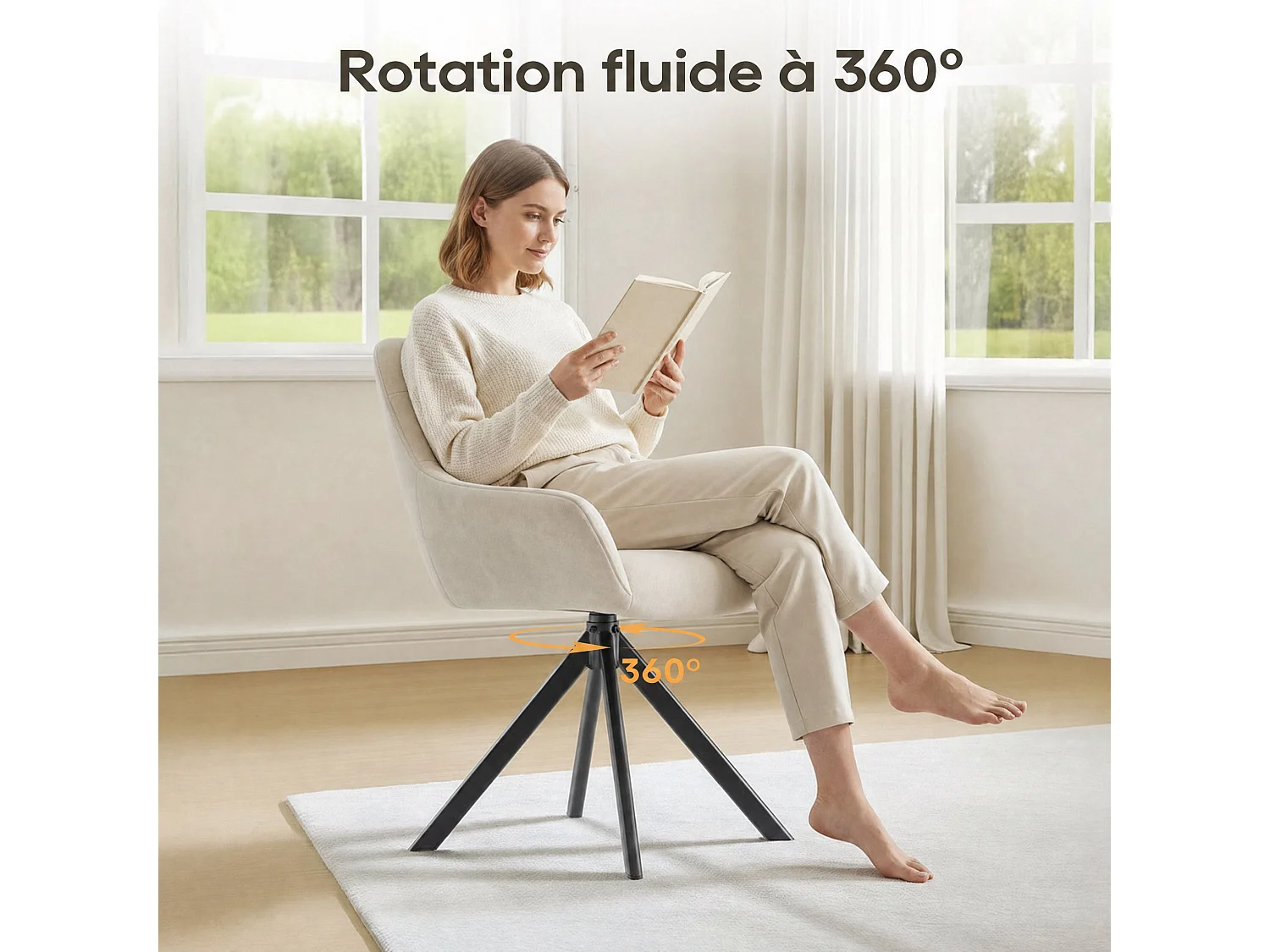 Lot de 2 chaises de salle à manger pivotantes 360° | Demi-accoudoirs, base métallique, beige