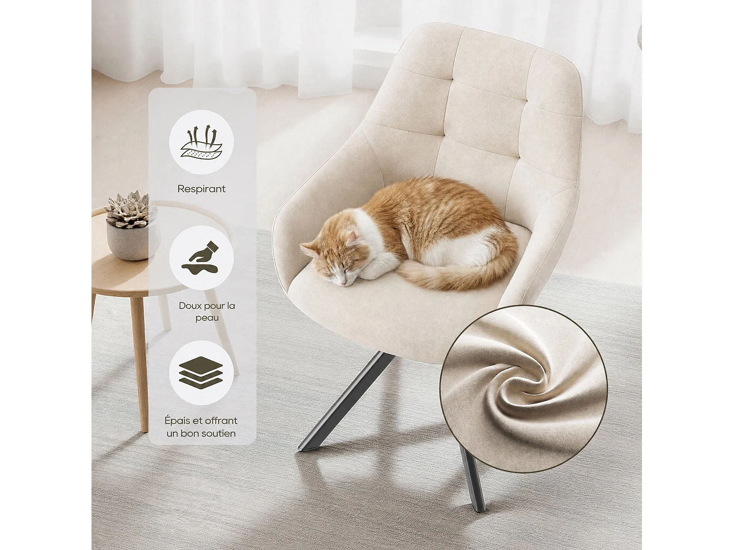 Lot de 2 chaises de salle à manger pivotantes 360° | Demi-accoudoirs, base métallique, beige