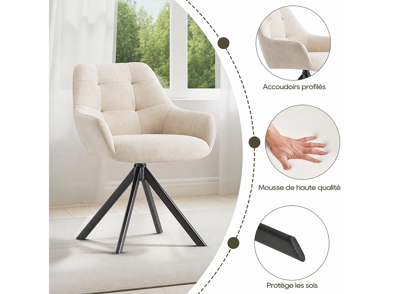 Lot de 2 chaises de salle à manger pivotantes 360° | Demi-accoudoirs, base métallique, beige