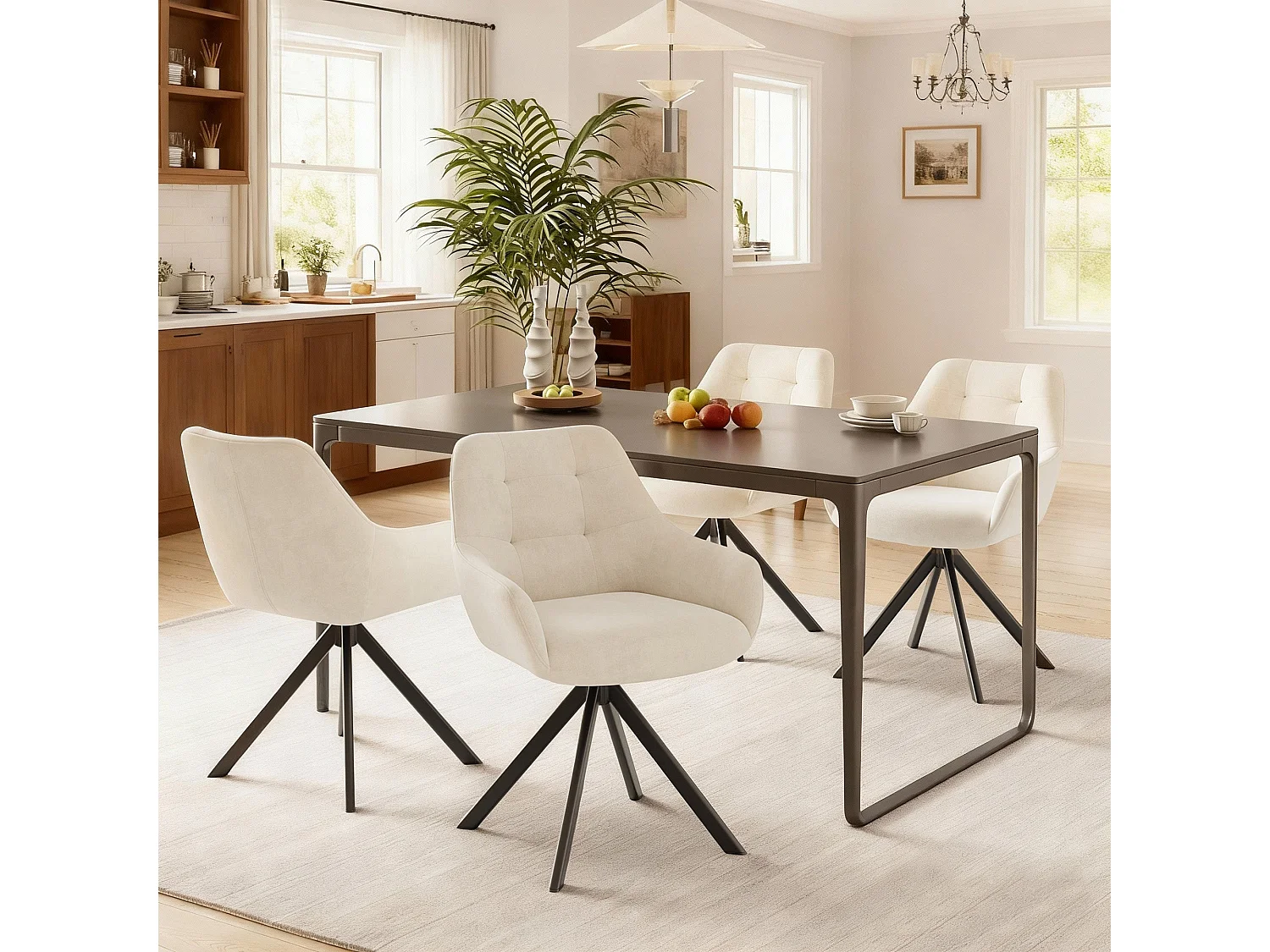 Lot de 2 chaises de salle à manger pivotantes 360° | Demi-accoudoirs, base métallique, beige