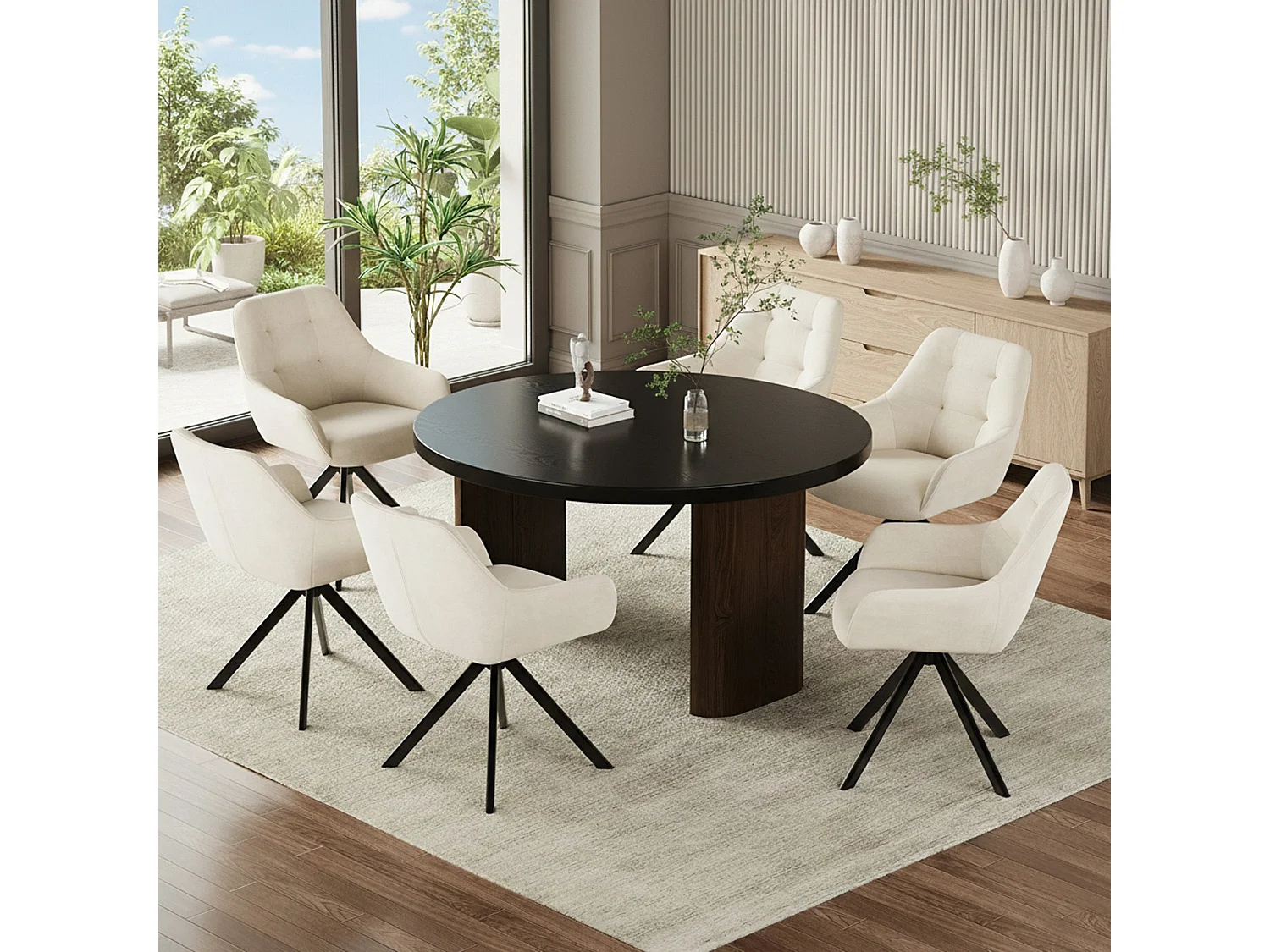 Lot de 2 chaises de salle à manger pivotantes 360° | Demi-accoudoirs, base métallique, beige