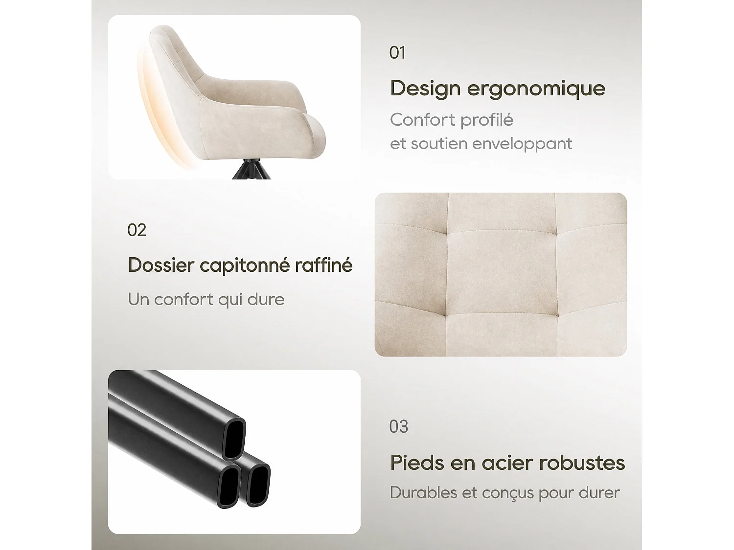 Lot de 2 chaises de salle à manger pivotantes 360° | Demi-accoudoirs, base métallique, beige