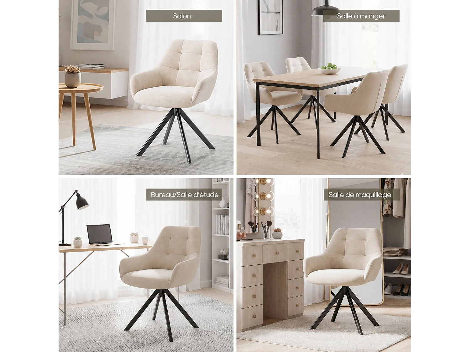 Lot de 2 chaises de salle à manger pivotantes 360° | Demi-accoudoirs, base métallique, beige